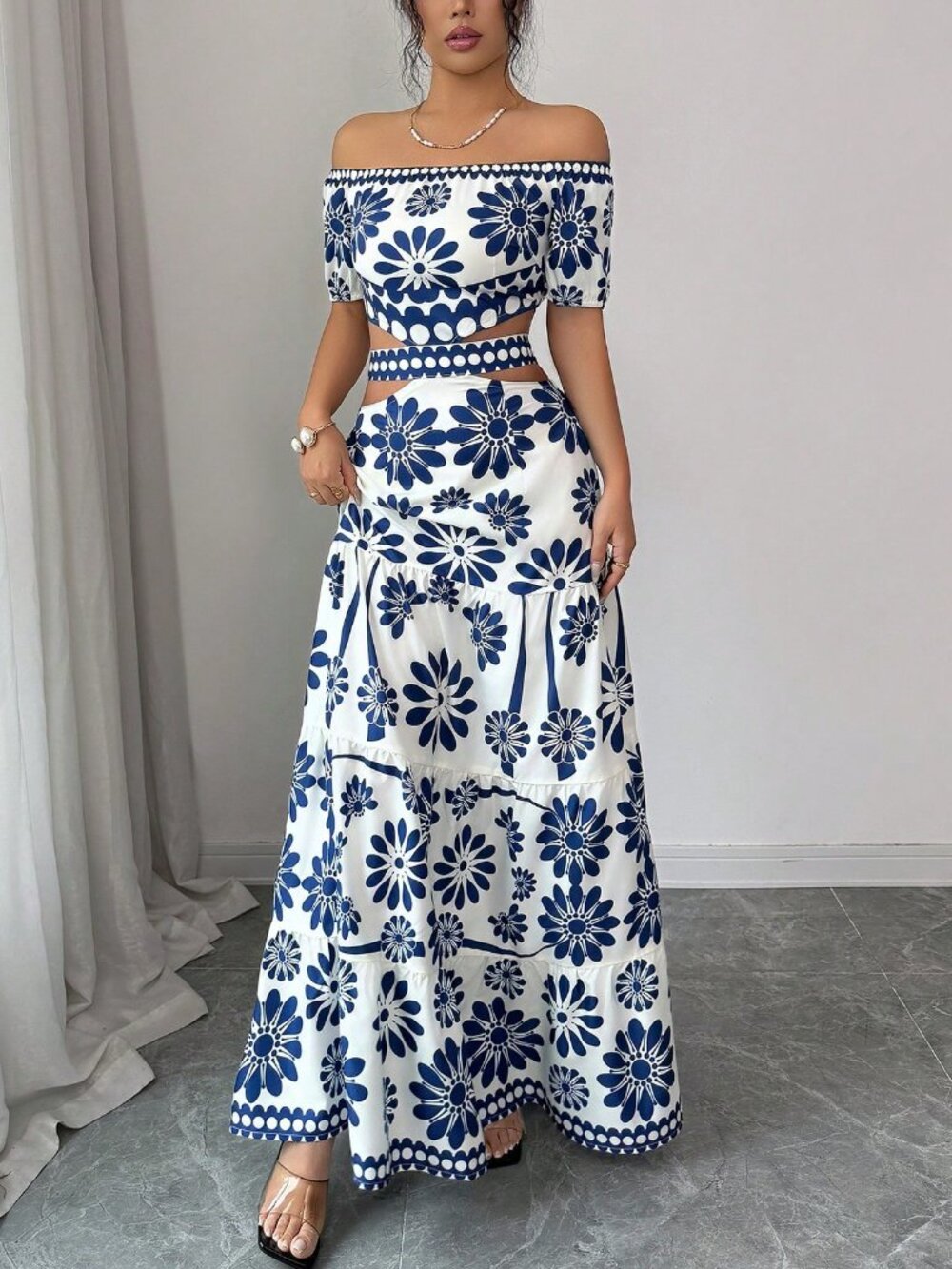 Blue Boho Women's Floral Print Off-Shoulder short Sleeve Hollow Waist Dress - Picture 3 of 7